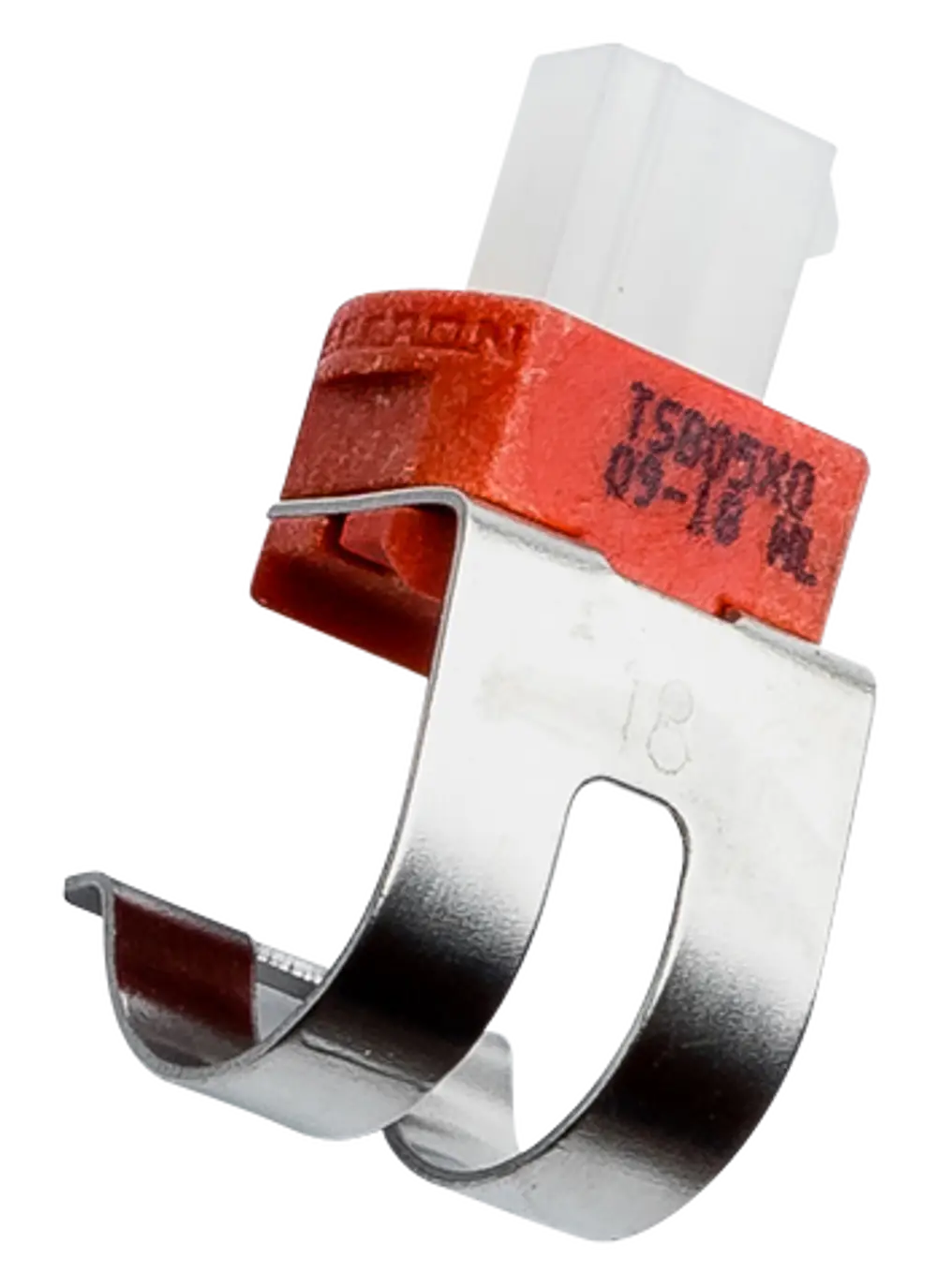 Rohrclipfühler mit einem Kunststoffstecker in roter und silberner Ausführung. Produktelement von Wolf zur Temperaturmessung in Heizungsanlagen.